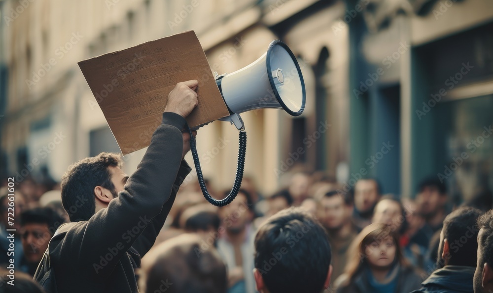 Photo of a man in a protest holding a cardboard sign.
