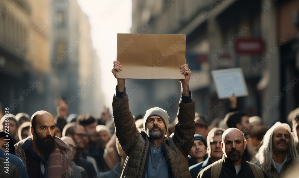 Photo of a man in a protest holding a cardboard sign.