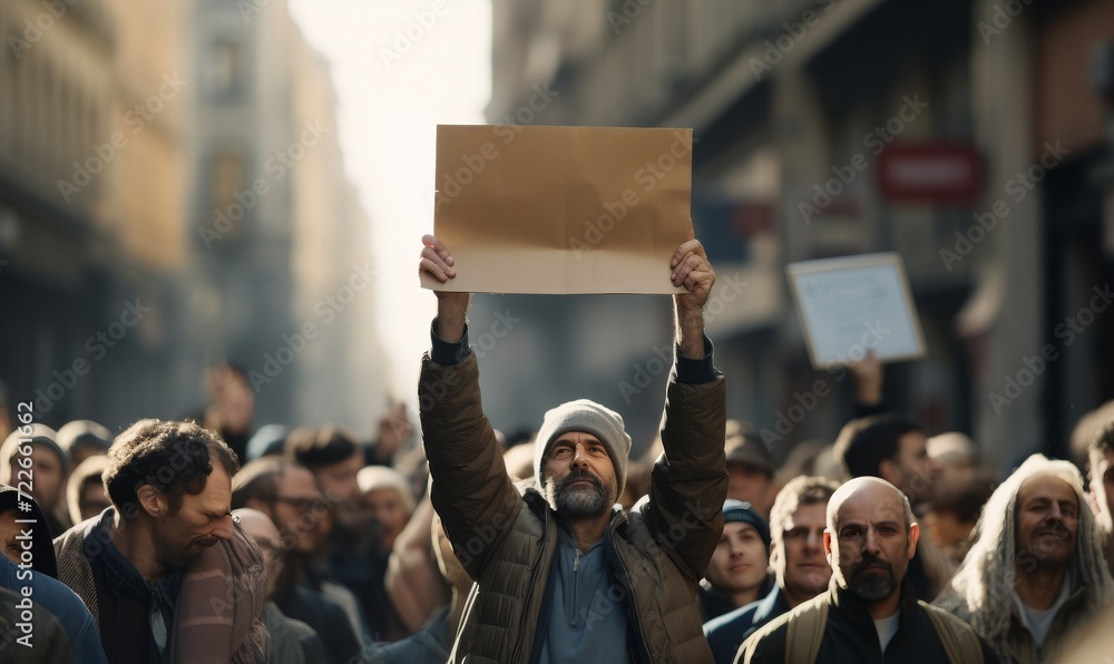 Photo of a man in a protest holding a cardboard sign.