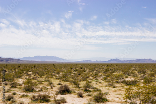 Beautiful blue sky with fluffy clouds over a desert with mountains in Arizona  USA. Panorama with high hills. Landscape on a sunny day