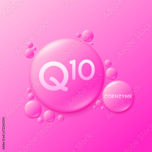 Serum drops water gel pink coenzyme Q10. For cosmetic design beauty care. Hyaluronic acid and collagen lotion. Vitamins complex liquid oil jelly from nature treatment nutrition skin care. Vector.
