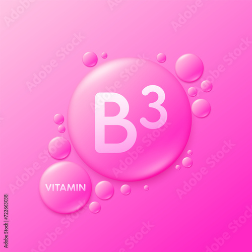 Serum drops water gel pink vitamin B3. For cosmetic design beauty care. Hyaluronic acid and collagen lotion. Vitamins complex liquid oil jelly from nature treatment nutrition skin care. Vector.