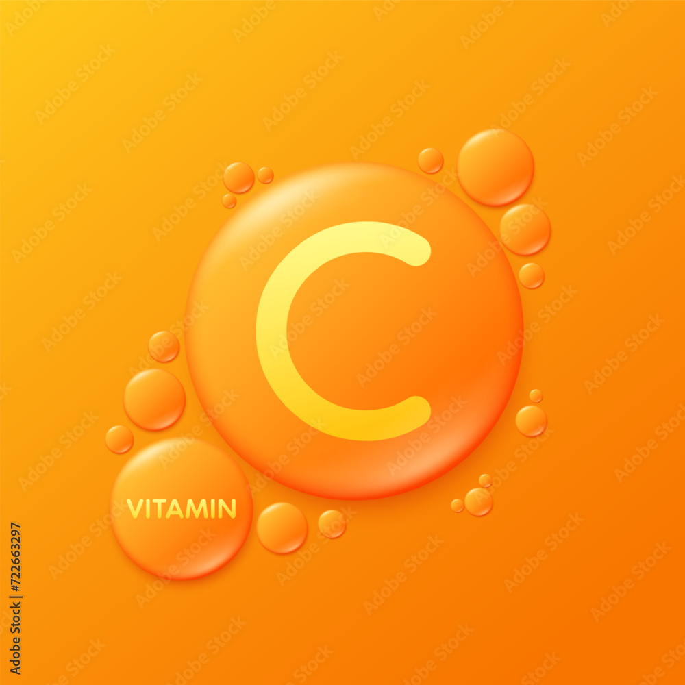 Fototapeta premium Serum drops water gel orange vitamin C. For cosmetic design beauty care. Hyaluronic acid and collagen lotion. Vitamins complex liquid oil jelly from nature treatment nutrition skin care. Vector.