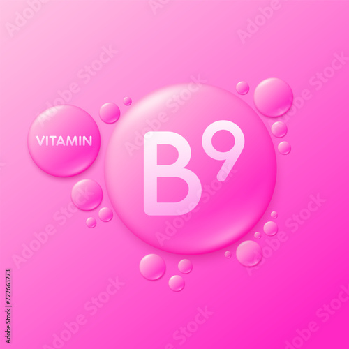 Serum drops water gel pink vitamin B9. For cosmetic design beauty care. Hyaluronic acid and collagen lotion. Vitamins complex liquid oil jelly from nature treatment nutrition skin care. Vector.