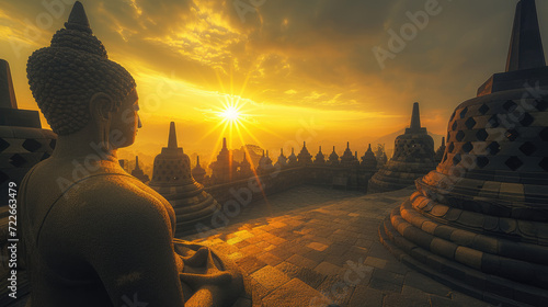 view of Borobudur Temple, afternoon sunlight gives a touch of gold to the temple stones, Ai generated images photo