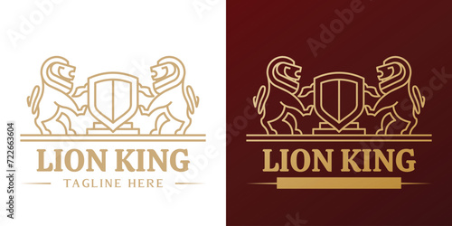 Lion company logo design illustration. Silhouette of a carnivorous wild animal with fangs, tail, claws, lion, leon, lioness holding a shield, guard protection. Ancient royal heraldic icon symbol.