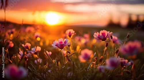 Flower field in the evening light, setting sun closeup © gookgooh