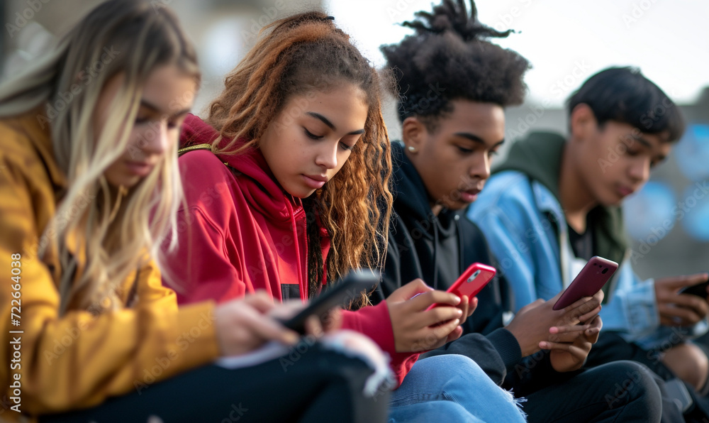 Fototapeta premium Group of multi ethnic students friends using smartphones.
