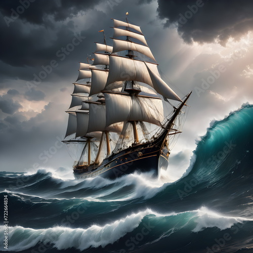 Majestic ship sailing in the middle of a turbulent and wavy open sea