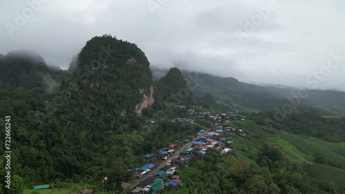 Mae hon son, Thailand.Ban Jabo Morning Reverie: Aerial Panorama in the Embrace of Dawn Mist.