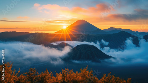 View of Mount Bromo in the early morning, a sea of thick fog surrounding the mountain, the rising sun emitting golden light behind the volcano, Ai Generated Images