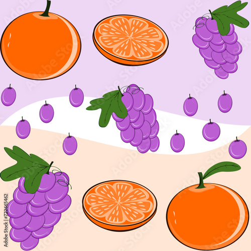 orange, Grapes Thai fruits and white background, Vector illustration set of Thai fruits, logo templates, design elements, vegetarian menu decorations. Flat illustration
