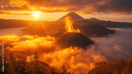 View of Mount Bromo in the early morning, a sea of thick fog surrounding the mountain, the rising sun emitting golden light behind the volcano, Ai Generated Images