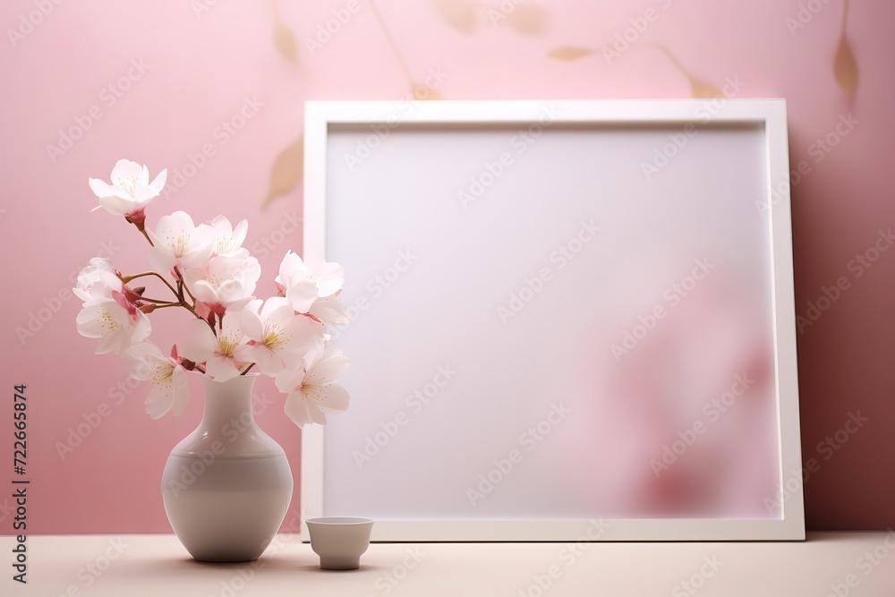 a frame with flowers in a vase, beautiful, simple, with a pink background