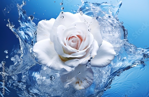 white rose flower with water splash on blue background