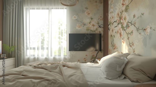 realistic photo of a modern bed room with a minimalist concept, with abstract floral wall decoration