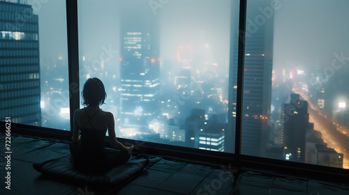 Young woman meditating at rooftop balcony