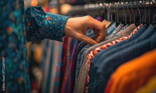 hand picking a shirt from a row of clothes in a clothing store. selective focus
