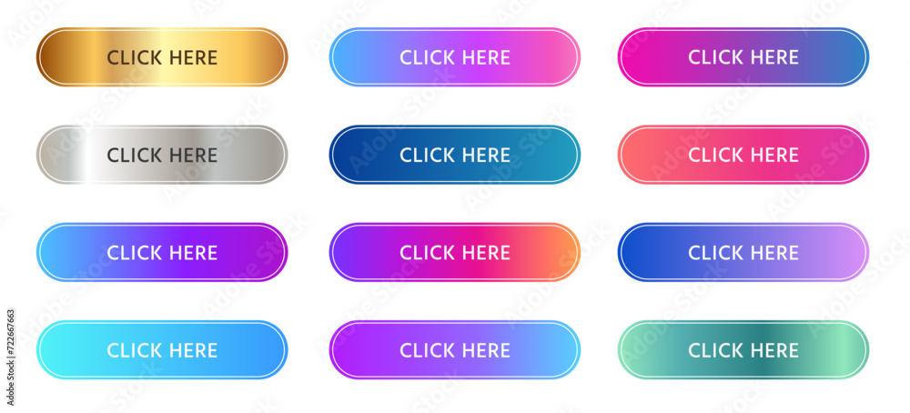 Click here button rounded call to action in gradient vibrant color set collection colorful Click here button rounded call to action in gradient vibrant color set collection colorful