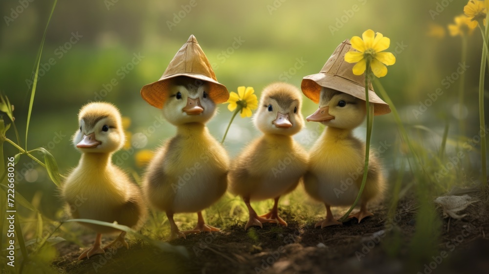 A group of little ducks standing in the grass. Generative AI.