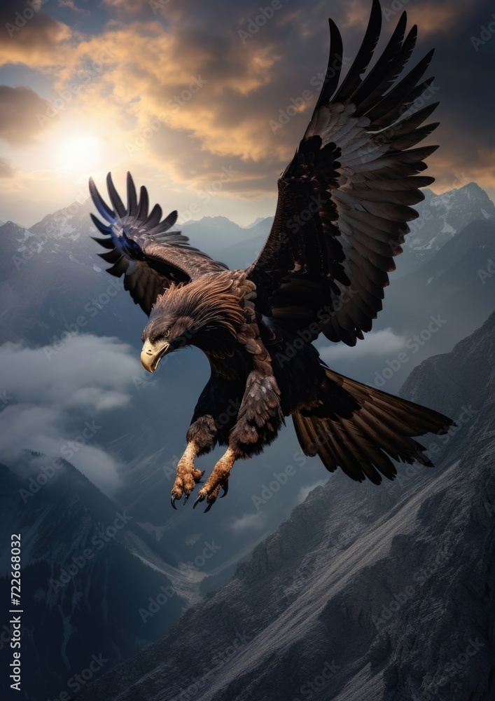 Obraz premium A large bird flying through the air with mountains in the background. Generative AI.