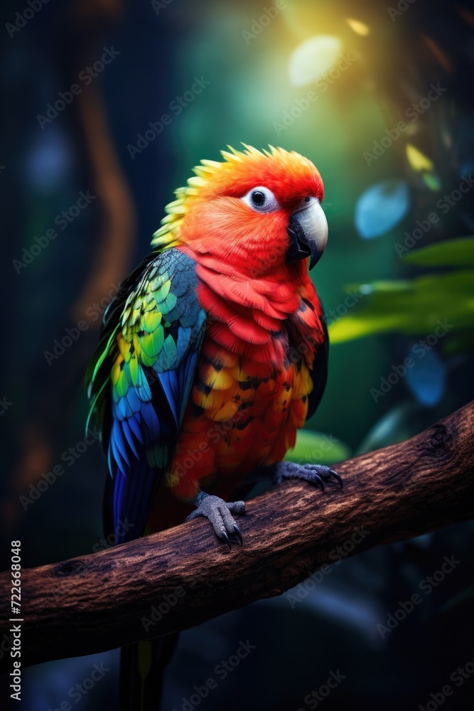 A brightly colored bird perched on a branch. Generative AI.