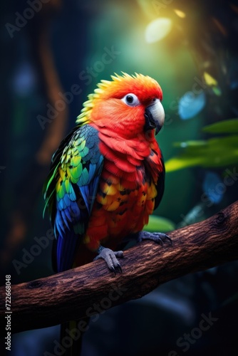 A brightly colored bird perched on a branch. Generative AI.