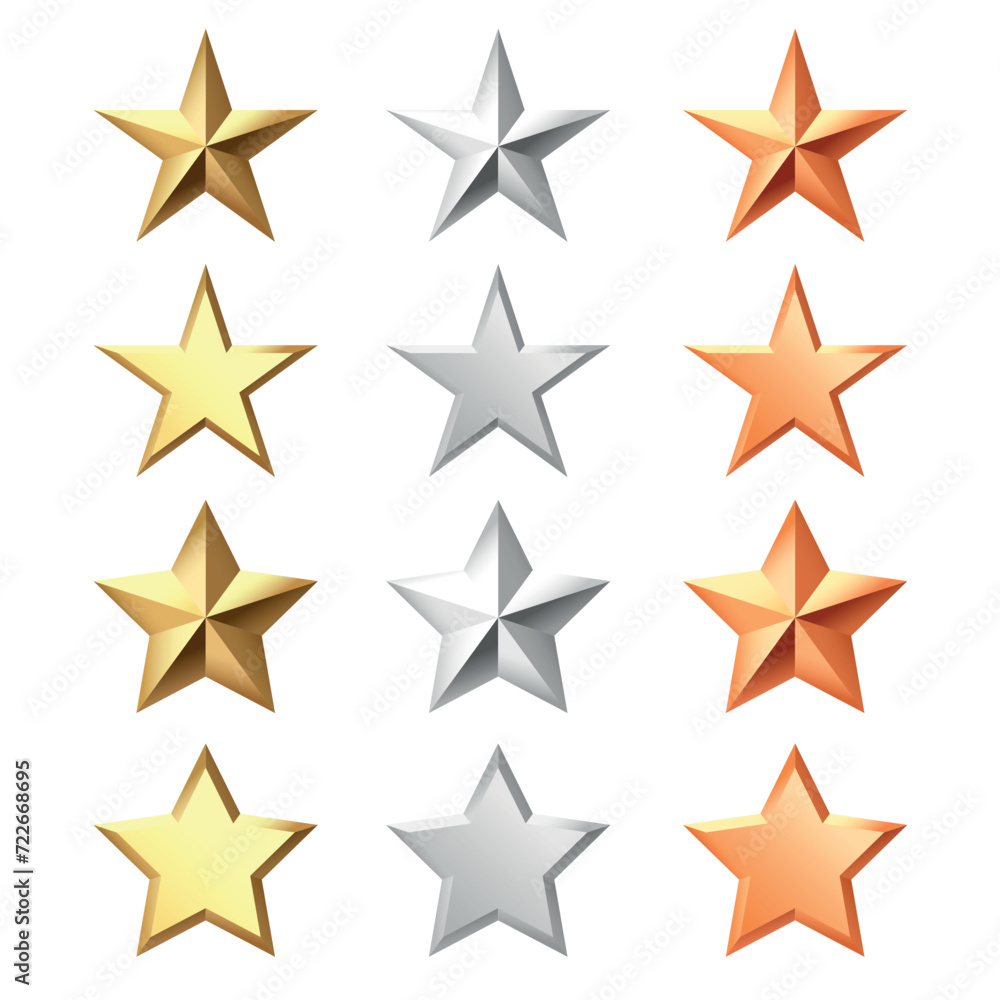 Fototapeta premium Golden, bronze, silver glossy metallic stars 3d realistic style. Leadership, game award, customer feedback symbol vector illustration isolated on white background