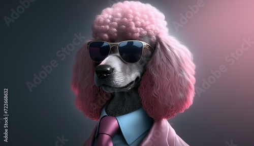 Dog, pink poodle, dressed in an elegant suit with a nice tie, wearing sunglasses. Fashion portrait of an anthropomorphic animal posing with a charismatic human attitude © Jennifer