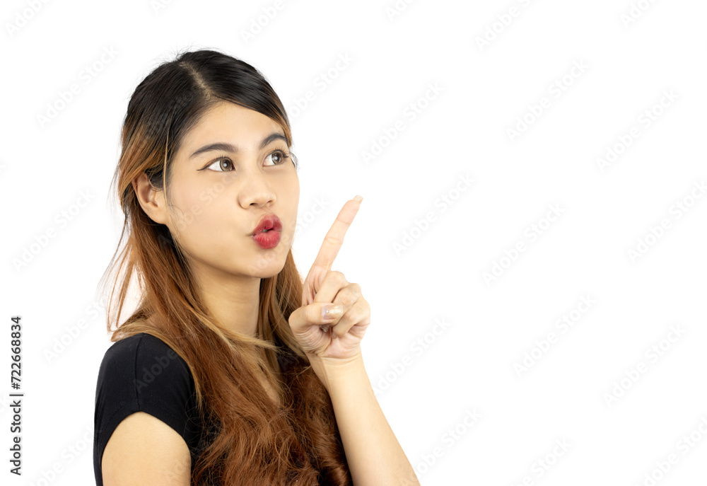 Young asian woman long hair style posing finger pointing copy space isolated on white background. Young asian woman long hair style posing finger pointing copy space isolated on white background.