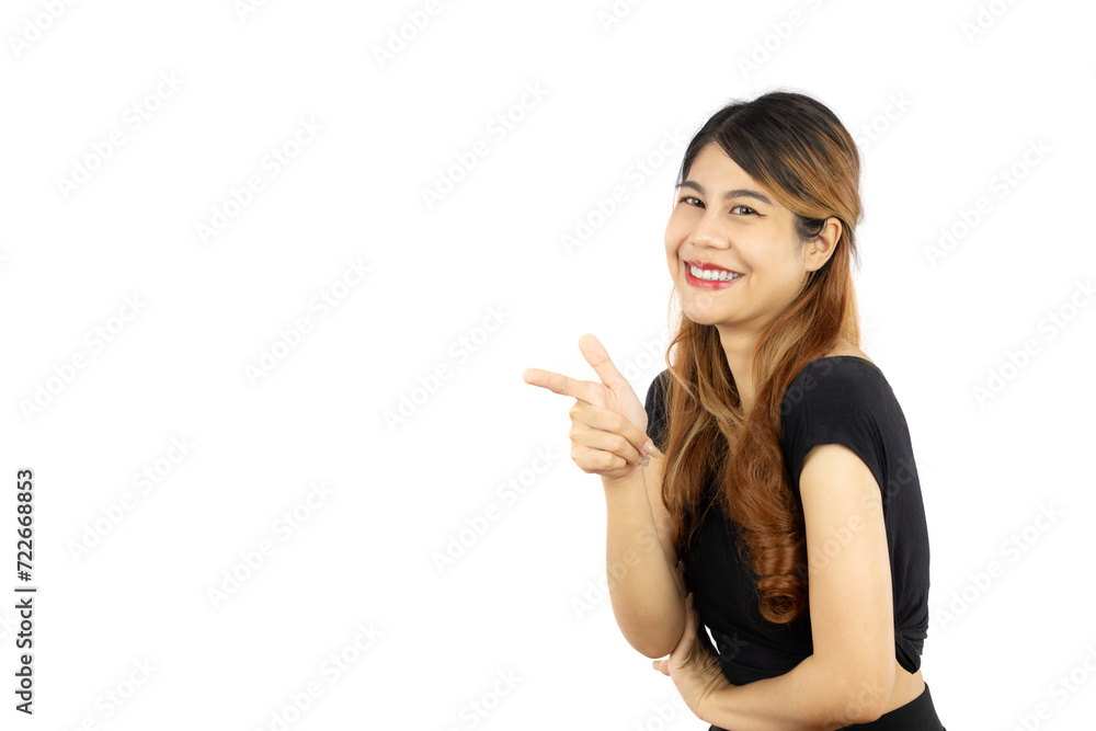 young asian woman posing smiling looking camera finger pointing isolated on white background. young asian woman posing smiling looking camera finger pointing isolated on white background.