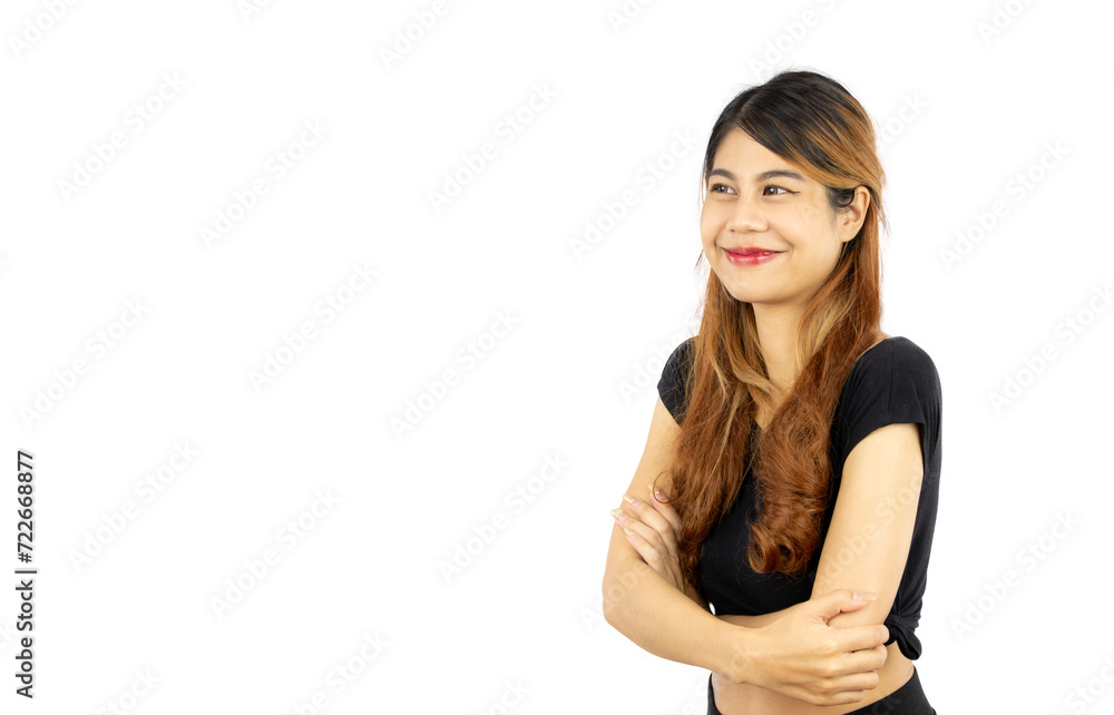 young asian woman long hair style in black t shirt posing hand presenting pointing isolated on white background. young asian woman long hair style in black t shirt posing hand presenting pointing isolated on white background.