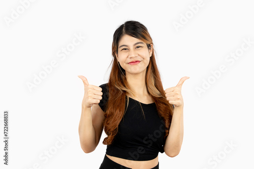 Young asian woma long hair style posing smiling cheerful thumps up isolated on white background.