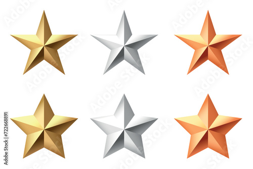 Golden, bronze, silver glossy metallic stars 3d realistic style. Leadership, game award, customer feedback symbol vector illustration isolated on white background