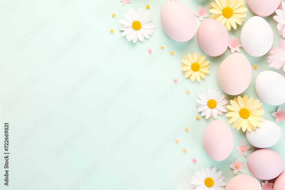 Easter holiday background with eggs and flowers. Easter template, mockup, with copy space for text. Easter holiday background with eggs and flowers. Easter template, mockup, with copy space for text.