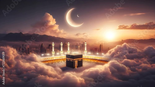 The Ramadan Crescent rises in the Kaaba. Seamless looping 4K video animation background photo