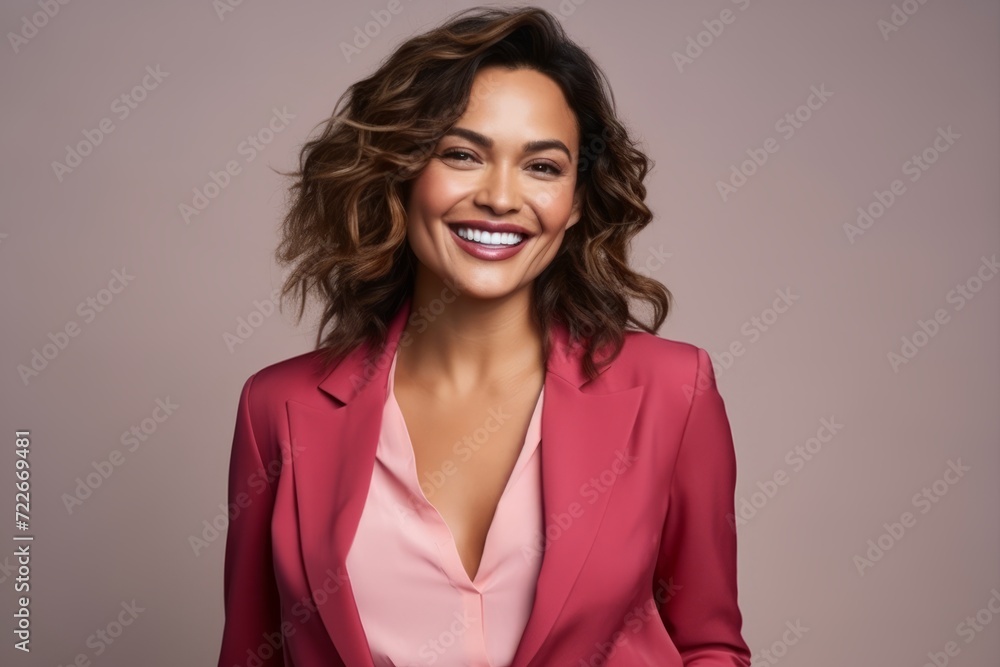 Portrait of a beautiful smiling business woman in pink suit over pink background Portrait of a beautiful smiling business woman in pink suit over pink background