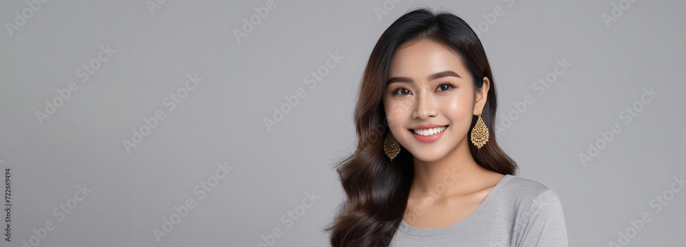 Beautiful a good woman nice fashion half body eye contact and space for design Beautiful a good woman nice fashion half body eye contact and space for design