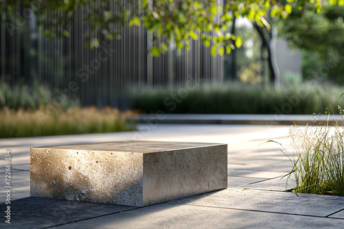 A contemporary outdoor stone bench basks in the dappled sunlight, surrounded by a tranquil modern landscape architecture. photo