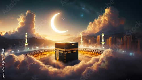 The Ramadan Crescent rises in the Kaaba. Seamless looping 4K video animation background