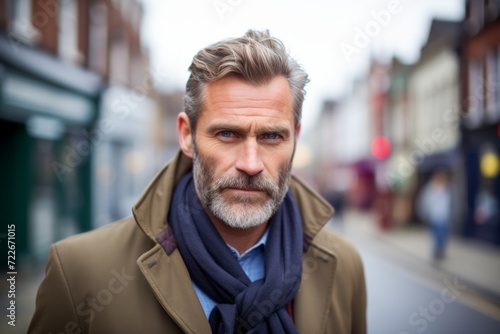 Portrait of a middle-aged man in a coat and scarf on a city street. © Inigo