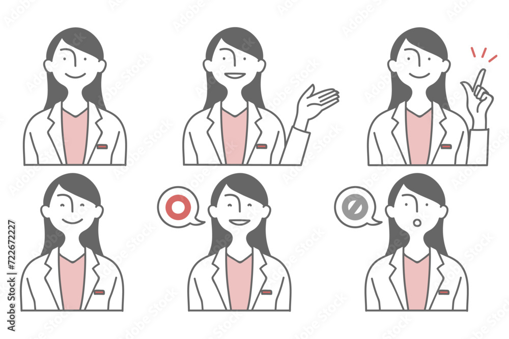 Avatar illustration set of woman wearing white coats with various expressions/様々な表情の白衣を着た女性のアバターイラストセット Avatar illustration set of woman wearing white coats with various expressions/様々な表情の白衣を着た女性のアバターイラストセット