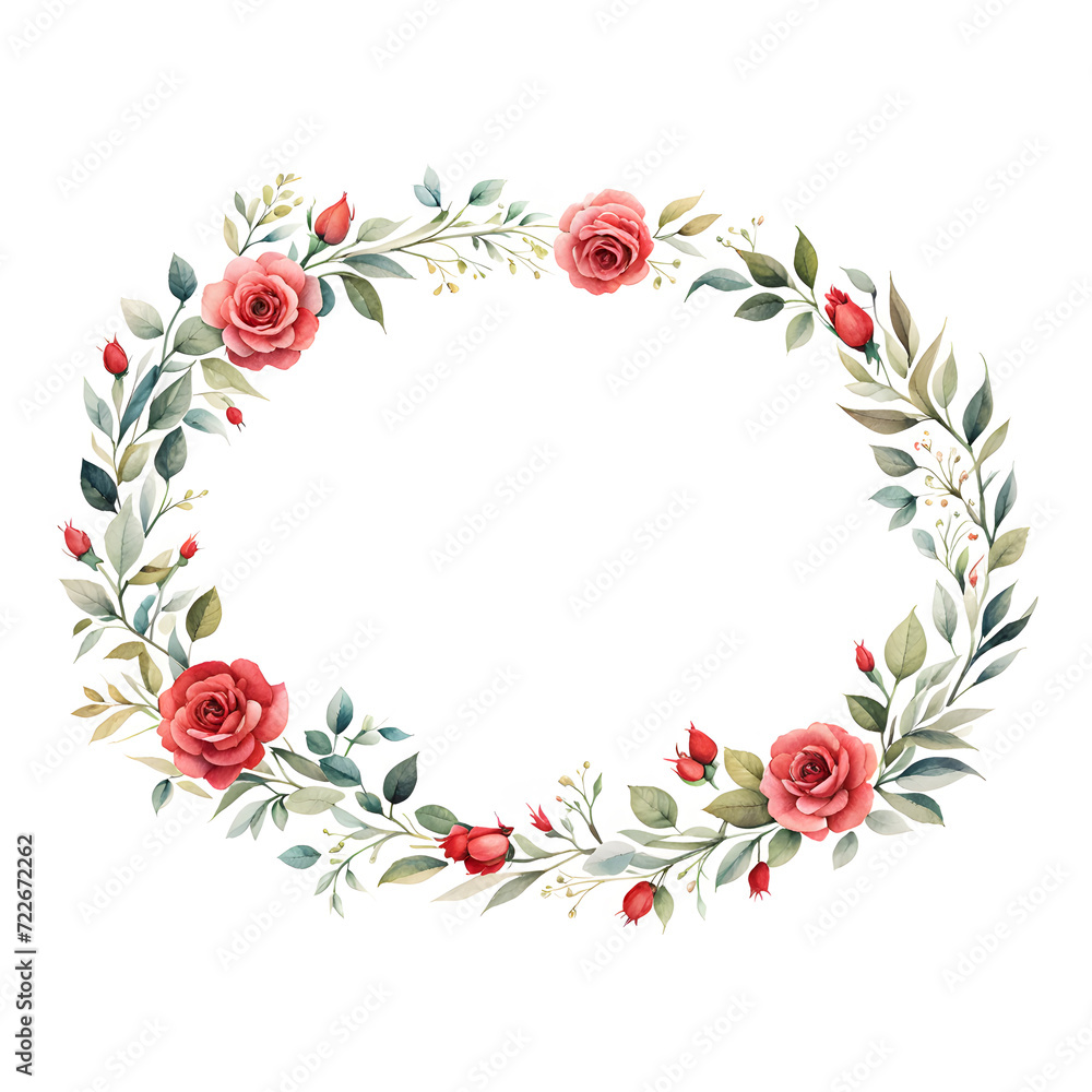 Fototapeta premium watercolor-illustration-featuring-a-red-rose-floral-frame-colorful-wreath-composed-in-minimalist