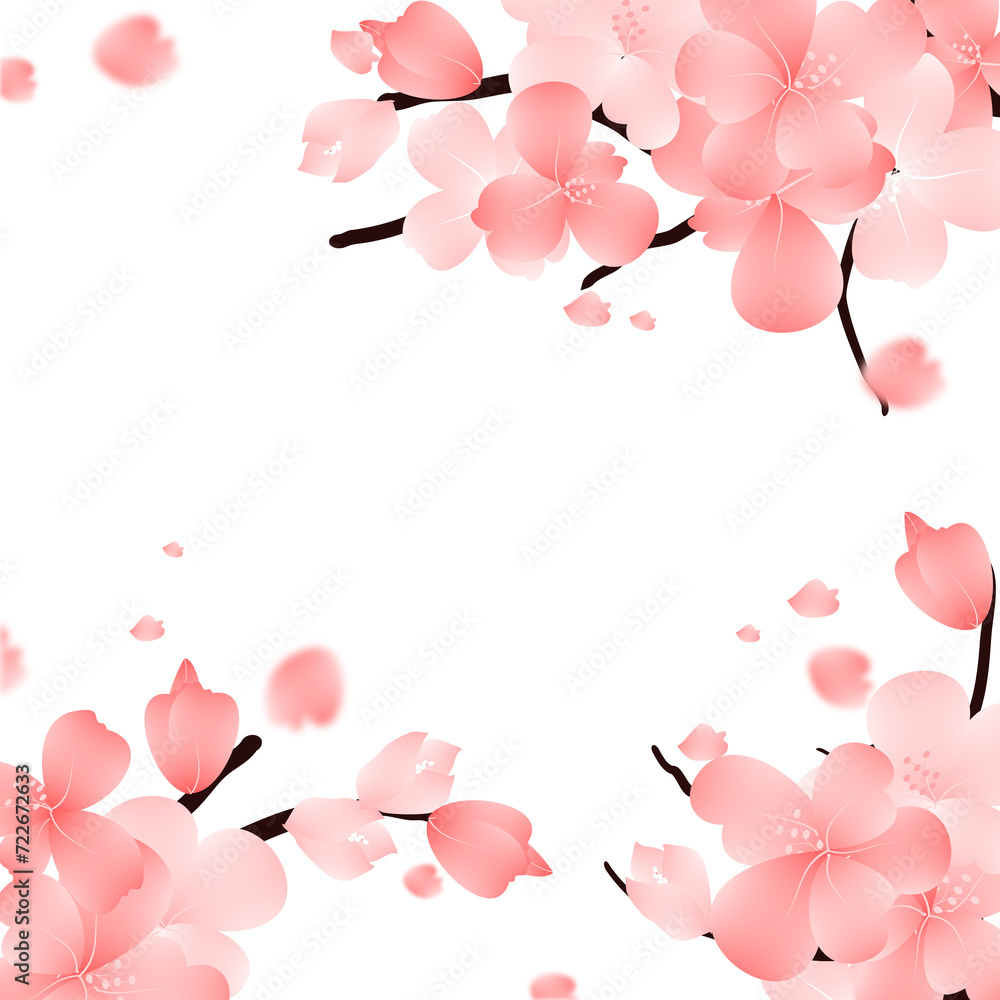 Sakura Pink Flower Frame, Cherry Blossom Border. Falling Petals Background.