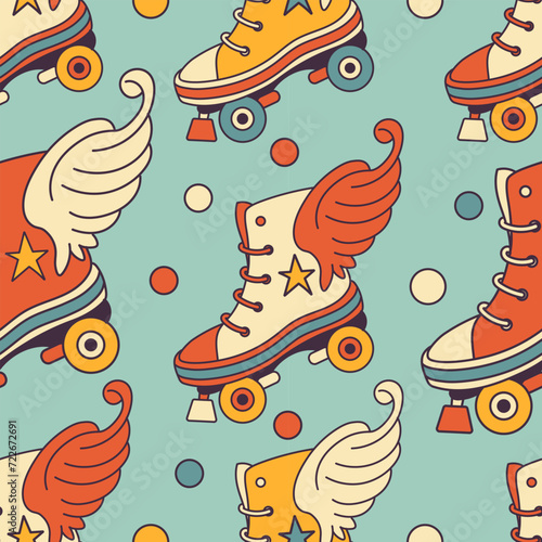 Retro groovy seamless pattern with rollerblades. Fun retro rollers. All over design. Vintage wallpaper, digital paper. Repeat vector background