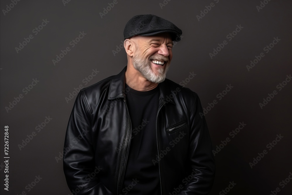 Portrait of a happy senior man in leather jacket and cap. Portrait of a happy senior man in leather jacket and cap.