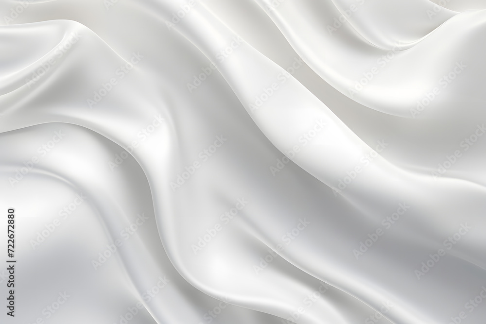 White abstract freeform curved textile fabric or cloth glossy wave chrome soft white. Smooth, flowing wrinkled fabric pattern. Soft Focus. Glossy surface reflects light or reflection. - obrazy, fototapety, plakaty 