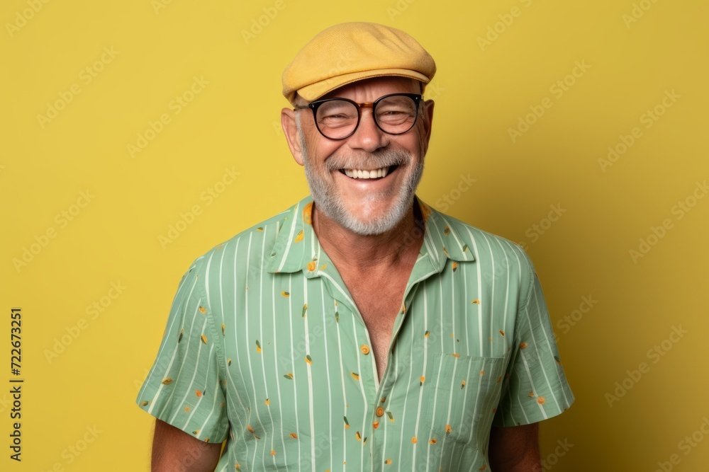 Portrait of a smiling senior man with glasses and hat standing against yellow background