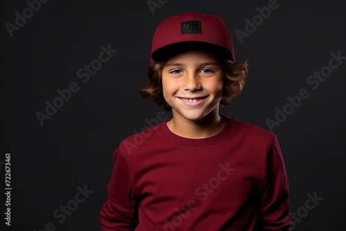 Portrait of a smiling little boy in a cap on a dark background
