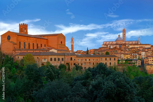 Summer scene of Siena, a medieval town in Tuscany, Italy, with the Dome & Bell Tower of Siena Cathedral in background, landmark Mangia Tower next to Basilica of San Domenico & a forest in foreground